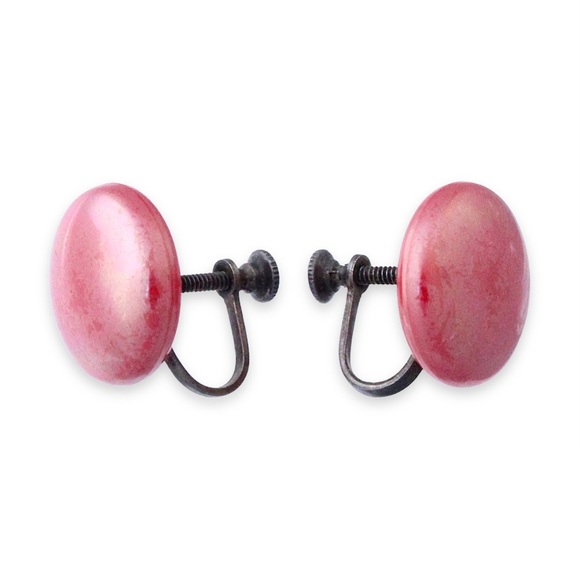 Vintage Sterling Silver Pink Plastic Button Screw Back Earrings Mid-Century - Picture 2 of 4